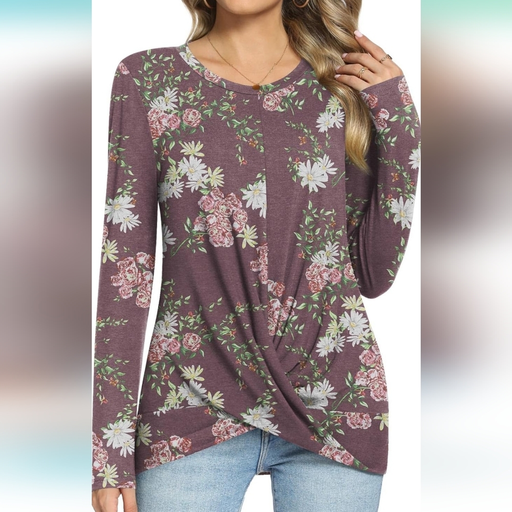 NWT Floral Twist Knot detail crewneck Long-sleeve Top- Womens M- Boho, Casual